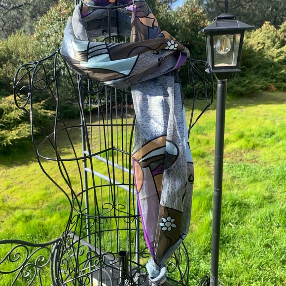 Picasso print silky long sheer scarf in shades of blue on black,HP25 - Picture 6 of 14